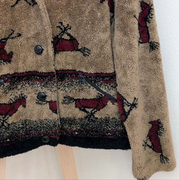 Vintage 90's Equestrian Collared Button Down Fleece Jacket In Tan/Black/Burgundy - Picture 7 of 11